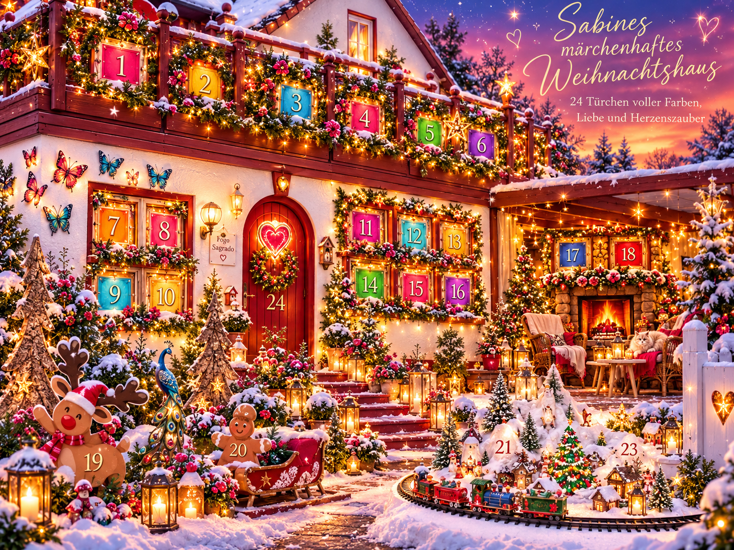 Glitzerndes Weihnachtshaus mit 24 geschmückten Türen, Schnee und Tannenzweigen